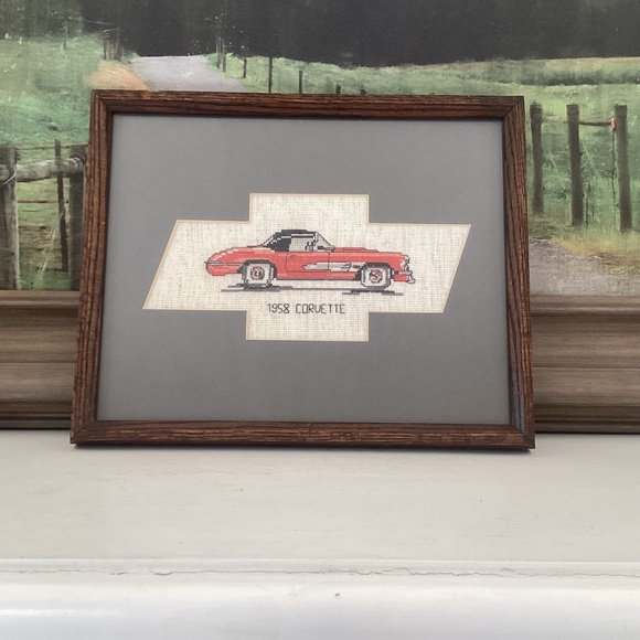Hand Stitched Corvette Stingray Cross Stitch W/Frame 12”x15” Vintage Sports Car - Picture 2 of 10